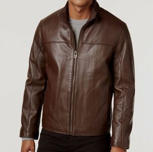 Cole Haan Men's Smooth Lamb Leather Jacket With Convertible Collar In Java Brown